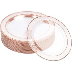 MATANA 20 Reusable 10 Inch Clear Plastic Party Plates Hammered Rose Gold Rim - Heavy Duty Dinner Plates, Elegant Fancy Plastic Plates for Wedding, Bridal Shower, Birthday Party, Events & Picnic