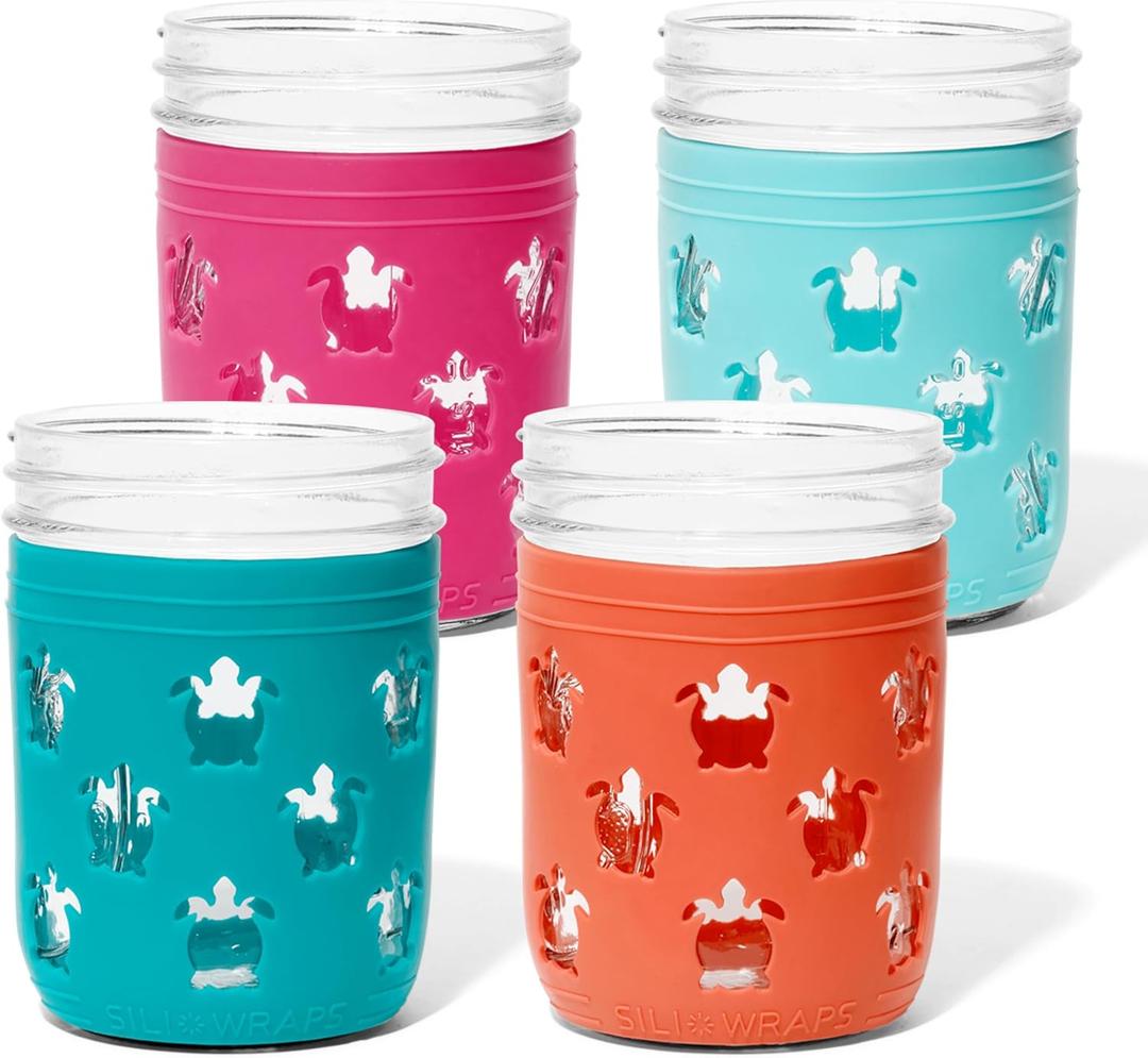 Silicone Mason Jar Sleeves, Anti-Slip Protector wraps for 16oz Ball and Kerr Regular & Wide Mouth Mason Jars, Decorative & Resistant Jar Jackets, Set of 4 Sleeves, Sea Turtle Juicy Fruit