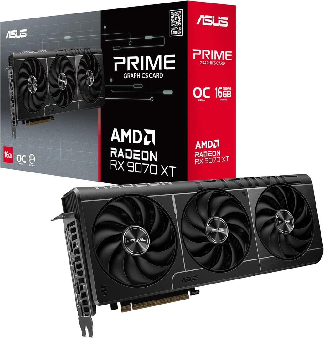 ASUS Prime Radeon RX 9070 XT OC Edition Graphics Card (PCIe 5.0, HDMI/DP 2.1, 2.5-Slot Design, axial-tech Fans, Dual Ball Fan Bearings, Dual BIOS, GPU Guard)
