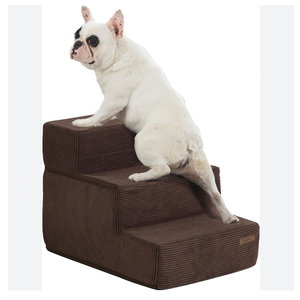 Lesure Dog Stairs for High Beds Extra Wide Foldable Pet Steps 3-Steps for Medium Small Dogs and Old Cats with CertiPUR-US Certified Foam and Non-Slip Bottom, Brown