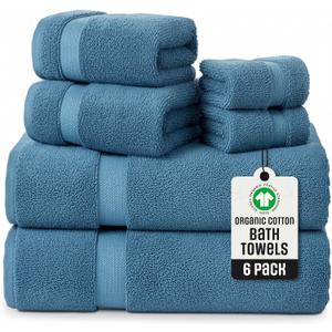 TOWELTIQUE- Organic Cotton Luxury Bath Towels Pack of 6 GOTS & Oeko- TEX Certified | Premium Soft, Absorbent & Quick-Drying Towels for Bathroom, Gym, Spa & Hotel Use – Turquoise, 30” x 58”, 16” x 30”, 13” x 13”