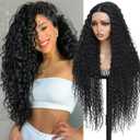 Curly Wig for Women long Black Curly Wigs 34inch 13x4x1 HD Lace Front Wigs Synthetic Middle Part Wig Upgraded Premium Human-Hair-Like Fiber Curly Wigs for Daily Party Use (Black)