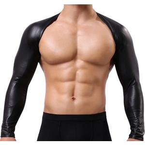 SEAUR Men's Shiny Metallic Sleeveless Half Tank Top Sexy Sparkly Arm Sleeves Shrug Muscle Workout Sports Tops Clubwear (S, Black)