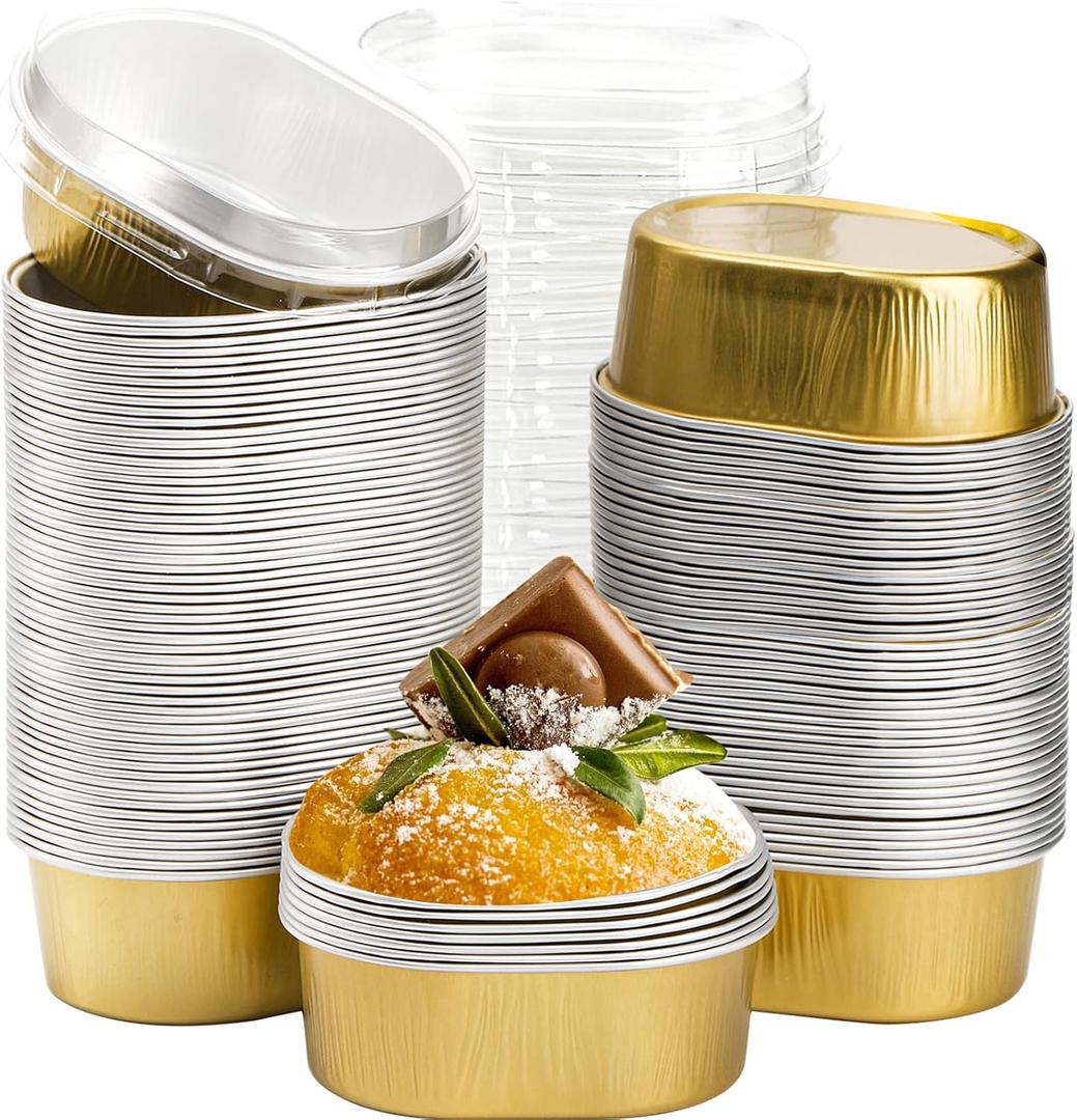 Dicunoy 100 Pack Mini Aluminum Baking Cups with Lids, 3 OZ Disposable Ramekins Muffin Liners Containers, Individual Pie Tin Cup for Dessert, Creme Brulee, Pudding, Cupcake