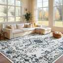 UKISS Washable Rugs 8'x10' Area Rugs for Living Room ，Ultra Silky Floral Rug for Bedroom, Vintage Indoor Floor Large Area Rug，Non Slip Low Pile Carpets for Home Office Blue