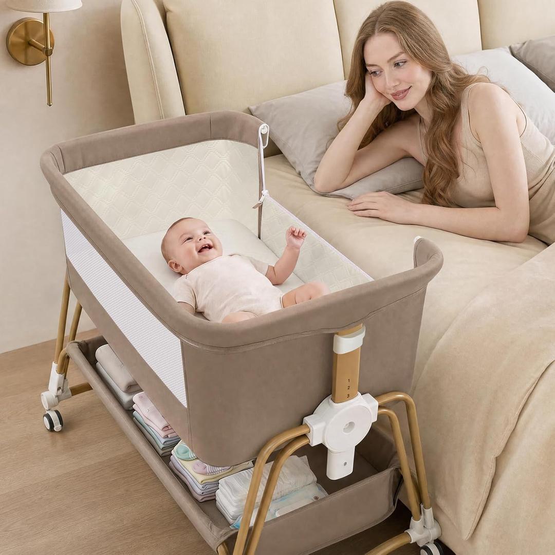4-in-1 Baby Bassinet, Portable Bassinet Bedside Sleeper with Mosquito Net | Bassinet with Wheels and Storage Basket, 7 Height Adjustable, Rocking Bassinet for Newborn-Khaki, Crib