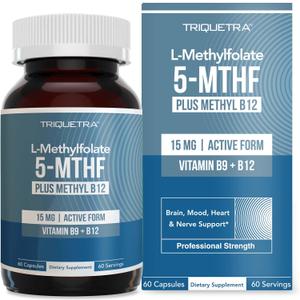L Methyl Folate 15mg Plus Methyl B12 Cofactor High Potency, Active 5-MTHF Form - Supports Mood, Methylation, Cognition Bioactive Forms of Vitamin B9 & B12 (60 Capsules 60 Servings) (60 Count (Pack of 1)) Exp D 03.27