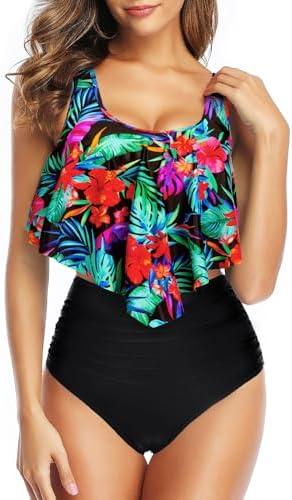 Tempt Me Women Two Piece High Waisted Bikini Swimsuit Ruffle Bathing Suits Tummy Control Tankini Ruched Swimwear (X-Small)