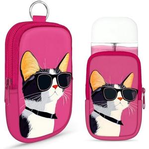 Energymax Hand Sanitizer Spray Case, Compatible with Touchland Hand Sanitizer Mist Spray, Portable Mini Pouch, Fashion Accessory Keychain with Snap Hook 1FL. OZ., Cool Cat Wearing Sunglasses, 3 Pack