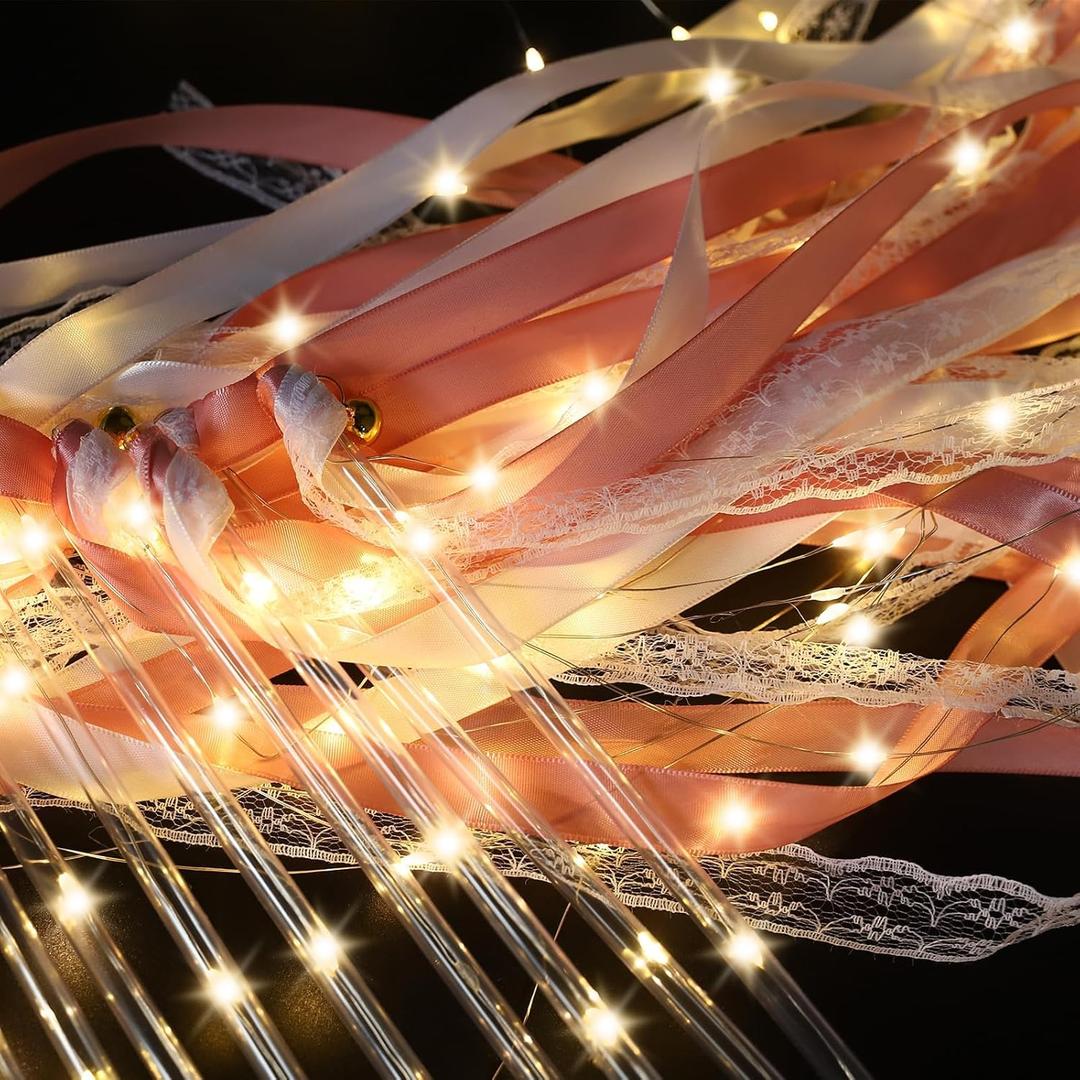 24 PCS Light up Wands for Wedding, Wedding Sparklers with 3 Colorful Flashing Modes, LED Silk Fairy Wands with Bells for Wedding Send Off, Concert, Festival Decorations (Pink)