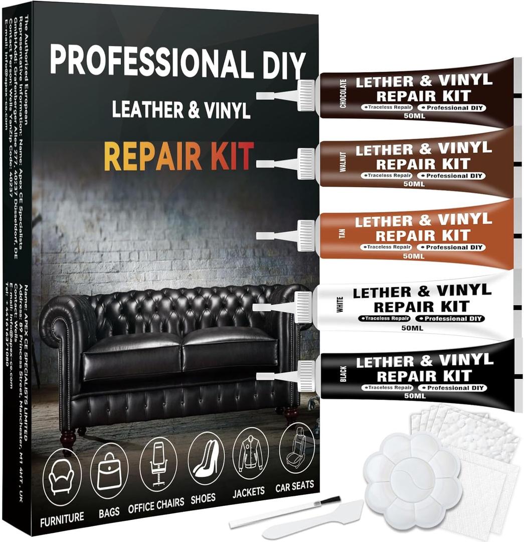Leather Repair Kit for Furniture, Leather Seat Repair Kit for Cars, Vinyl Repair Kit for Sofa, Purse and Jacket, Restore Any Material, Fix Scratches, Tears, Holes and Peeling with Easy Instructions