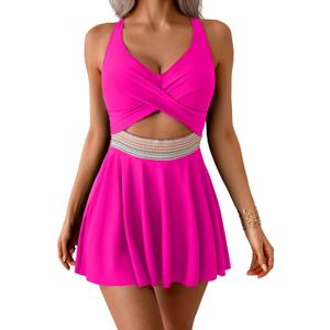 Aidonger Women Cutout Swimdress One Piece Swimsuit Color Block Bathing Suit with Skirt Wrap Front Tummy Control Swim Dress