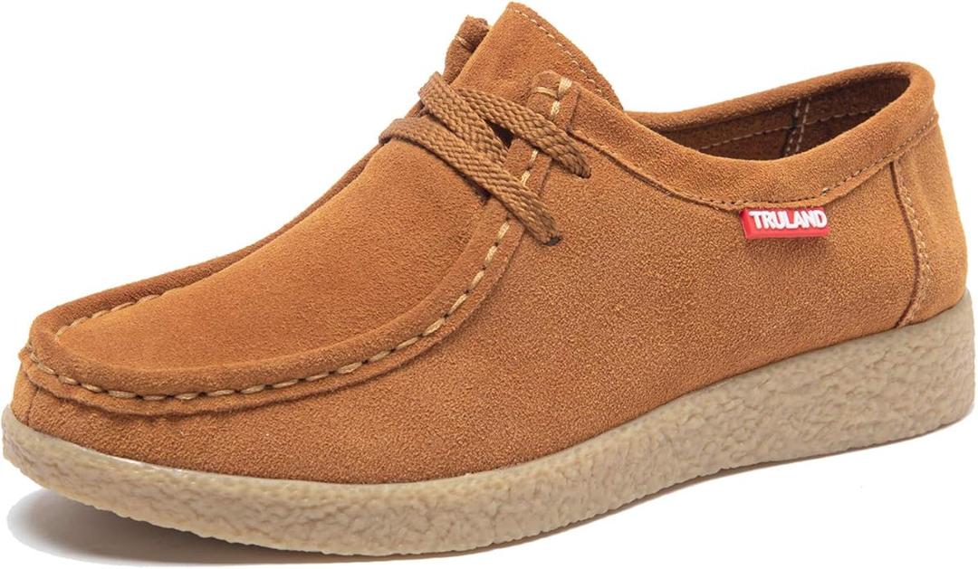 TRULAND Leather Oxford Shoes for Women - Suede Lace Up Moc Toe Low Platform Flat Wallabees Shoes, U.S 7.5