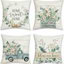 Bonhause Eucalyptus Leaves Throw Pillow Covers 18 x 18 Inch Blue Truck Home Sweet Home Farmhouse Decorative Pillows Polyester Linen Cushion Cases for Couch Sofa Bed Home Decor Set of 4