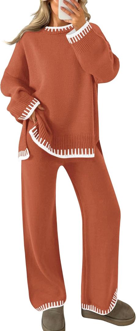 ZESICA Womens Casual 2 Piece Outfits Sweater Sets Long Sleeve Pullover Tops Wide Leg Pants Lounge Set (Orange, M)