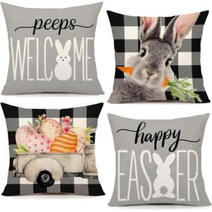 Easter Pillow Covers 18x18 Set of 4, Buffalo Plaid Bunny Eggs Truck Decorative Throw Pillow Cases, Happy Easter Peeps Welcome Farmhouse Pillow Covers for Home Couch Porch Spring Holiday Decor