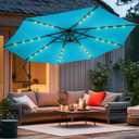 wikiwiki 10ft Solar LED Offset Hanging Market Cantilever Patio Umbrella for Backyard, Poolside, Lawn and Garden, Easy Tilt Adjustment, Polyester Shade & Cross Base, Sky Blue