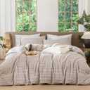 MooMee Gingham Duvet Cover Set 100% Washed Cotton Linen Like Textured Breathable Durable Soft Comfy Modern Checkered Design (Brown Gingham, King 104"x90")