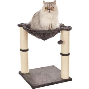 Amazon Basics Sturdy Cat Condo Tower with Hammock Bed and Scratching Posts, Interactive Hanging Ball Toy for Indoor Cats, 15.8" x 15.8" x 19.7", Gray