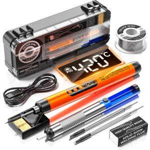 Cordless USB digital rechargeable portable soldering iron, carrying temperature adjustment button, soldering iron wire, soldering iron holder, tin absorber, rosin, storage box (Orange) (Orange)