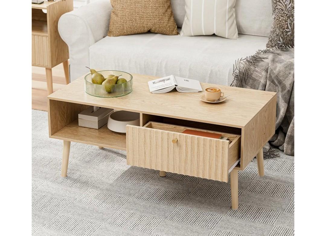 Coffee Table with Storage, Boho Dining Table with Fluted Drawer and Solid Wood Legs, Small Coffee Tables for Living Room, Oak