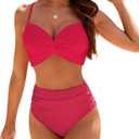 SEAFORM Women's Bikini Sets Two Piece Tummy Control Swimsuit High Waist V-Neck Beachwear Twist Front Straps Bathing Suits (Pink, M)