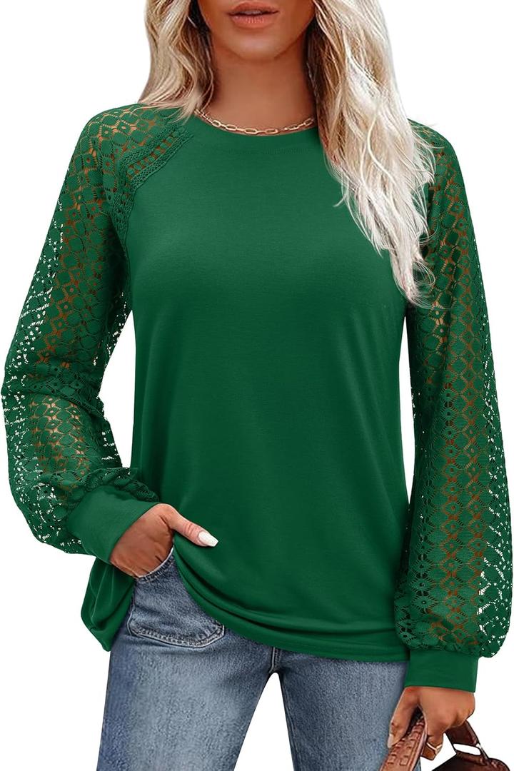 Uhiger Womens Long Sleeve Tops Fashion Cute Lace Blouses Business Casual Crew Neck Shirts 2026 Trendy Work Outfits (M)