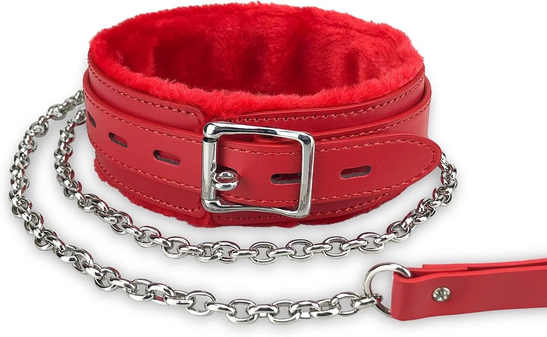 Gothic Leather Choker Collar, PU Leather Fur Lined Pet Collars Necklace with Long and Durable Detachable Leash Chain Pet Collars, Red