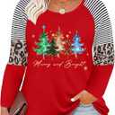 Plus Size Christmas Shirts Women Merry and Bright Christmas T Shirt Xmas Light V Neck Tees Xmas Holiday Long Sleeve Tops, 4XL