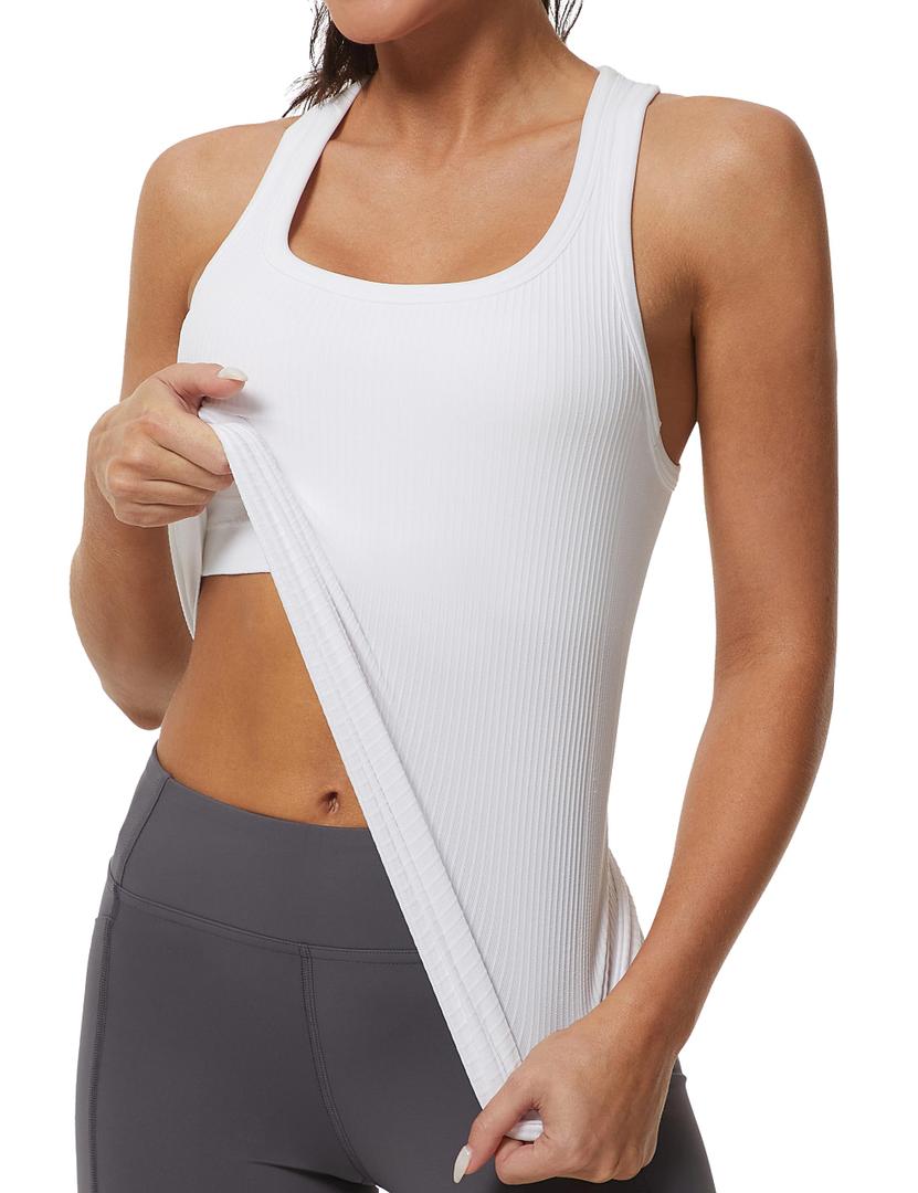 MathCat Workout Tank Tops for Women Athletic Basic Tanks Seamless Running Muscle Racerback Ribbed Yoga Tops with Built in Bra White (White, L)