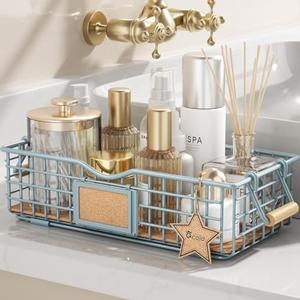 Qcold Bathroom Organizer Basket with Handle, Home Decor Basket- Bathroom Organizers and Storage - Exquisite Vanity Tray for Skincare - Restroom Counter Baskets for Organizing - Blue
