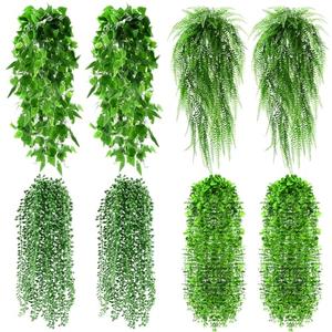 Daifunli 8 Pcs Artificial Hanging Plants Fake Hanging Ferns Plastic Faux Plants for Wall Room Garden Garland Indoor Outdoor Decor No Basket (Boston, Eucalyptus, Ivy Vine, String of Pearls)