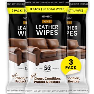 EVEO Leather Cleaner Wipes 4-in-1 Leather Cleaner and Conditioner for Furniture - Leather Couch Cleaner, Car, Shoes & Purses – UV Protection, XL Moistened Wipes Restore & Protect – 3 Pack (90 Total)