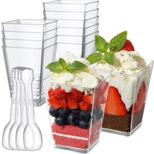 5 oz Plastic Dessert Cups with Spoons 50 Pack, Clear Square Mini Dessert Cups Appetizer Cups Parfait Cups Tumbler Cups for Mousse Puddings, Party Supplies