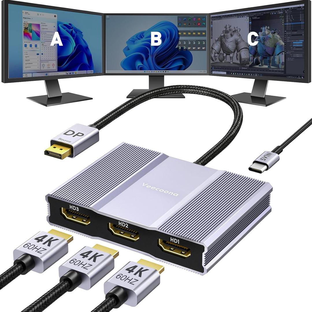 DisplayPort to HDMI Adapter 1 in 3 Out | 4K60Hz, DP Source to HDMI Splitter Extended Display port splitter for 3 monitors, MST Hub for Desktop,Laptop,NVIDIA, AMD Graphics Card - MACOS Not Support MST