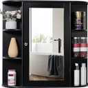 Iwell Bathroom Medicine Cabinet with Mirror, Wall Cabinet with 2 Adjustable Shelves & 6 Open Shelves, Bathroom Cabinet Wall Mounted, Over The Toilet Space Saver Storage Cabinet, Black