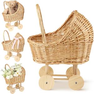 Wicker Baby Carriage Wicker Stroller for Baby Shower Vintage Woven Rattan Flower Basket Decorative Cart Storage with Handle for Floral Arrangement Wedding Photo Props(Wood Color,20 in)
