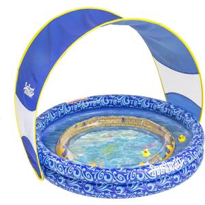 SunSmart Lazy River Kiddie Pool - Inflatable Kids Pool with 2 Toy Ducks and Removable Sunshade Canopy - Dark Blue/Yellow