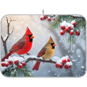 Winter Cardinal Birds Dish Drying Mat for Kitchen Countertop 16x18 Christmas Poinsettia Berry Snow Small Drying Mat Reusable Quick Dry Dish Sink Mats Easy Clean Decorative Essentials