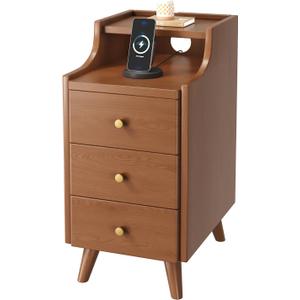 Narrow Nightstand, Walnut Solid Wood Small Thin Nightstand Narrow Bedside Tables for Small Spaces Living Room, Mid Century Modern Slim Skinny Nightstands with 3 Drawers, Night Stand (12in*24in)