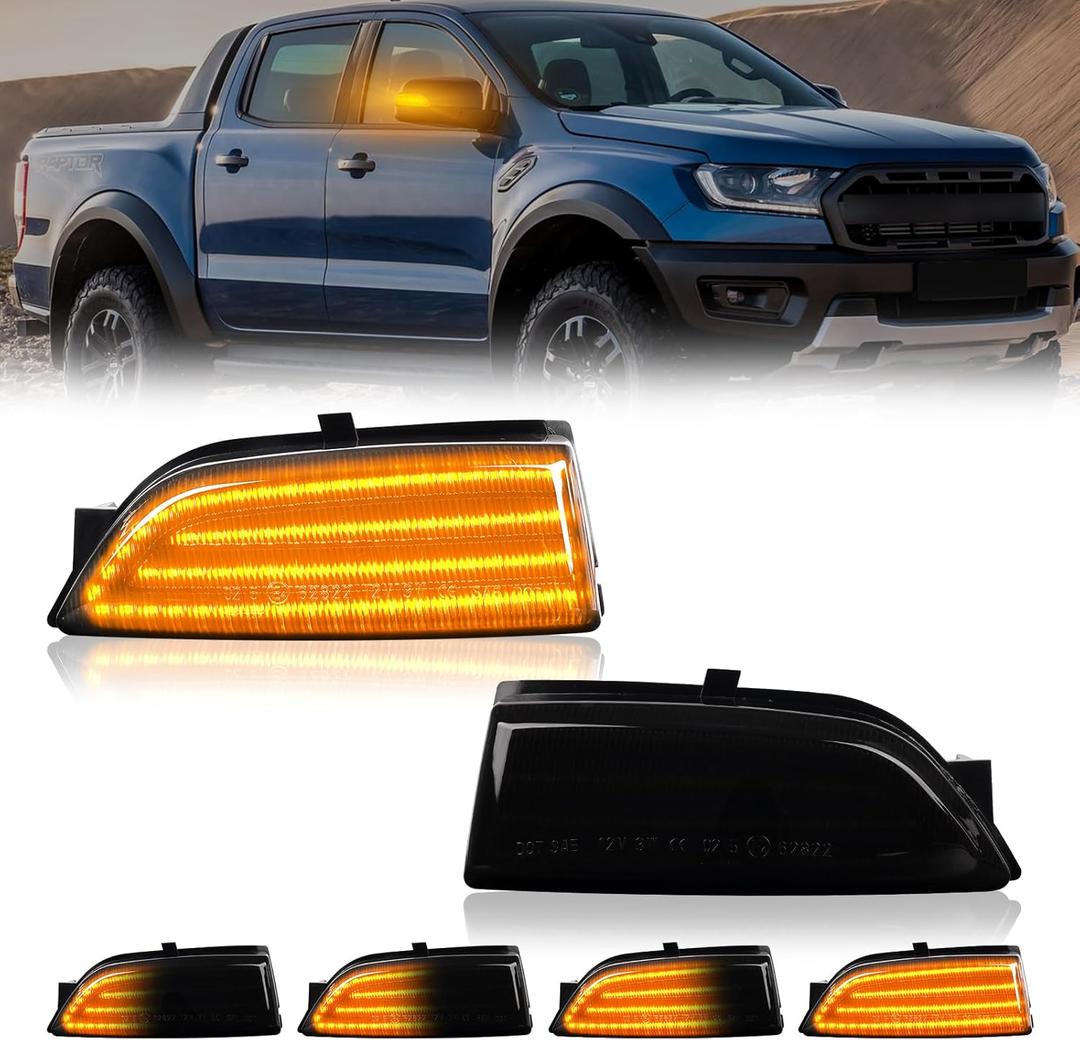 Sequential LED Side Mirror Marker Light Compatible with 2019-2023 Ford Ranger Lariat 2012-2019 T6 Raptor Wildtrak 2015-2019 Everest U375 UA, Mirror Turn Signal Light, Smoked Lens