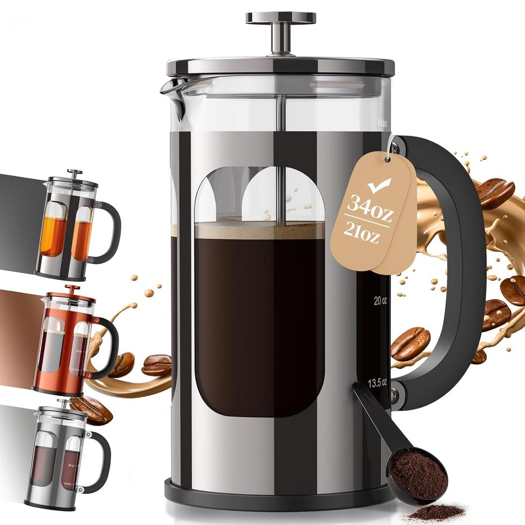 Veken French Press Coffee Maker 34oz, No Plastic Touching Cafe,Thickened Glass Stainless Steel Brewer, Cold Brew Cafetera Tea pot for Kitchen Travel Camping, Gifts, Decor, Bar Accessories, Dark Pewter