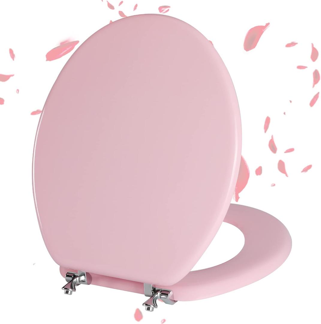 Pink Round Toilet Seat Natural Wood Toilet Seat with Zinc Alloy Hinges, Easy to Install also Easy to Clean, Scratch Resistant Toilet Seat by Angol Shiold (Round, Pink)