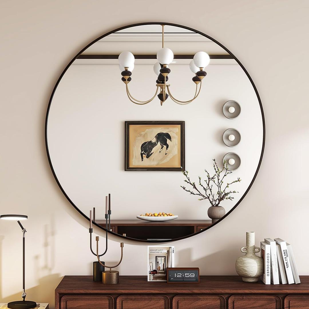 VETROVUE Black Round Mirror, 24 Inch Circle Bathroom Mirror with Metal Frame, Wall-Mounted for Entryway, Bathroom, Vanity, Living Room