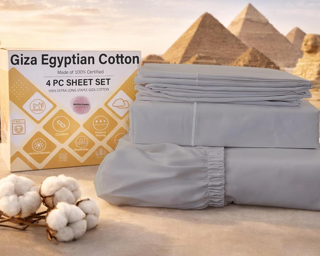 MyGiza Sheets 4 Pcs Full Sheet Set, 100% Certified Giza Egyptian Cotton, Soft & Luxury Sheets fits 15 Inches Deep Mattress, Light Grey