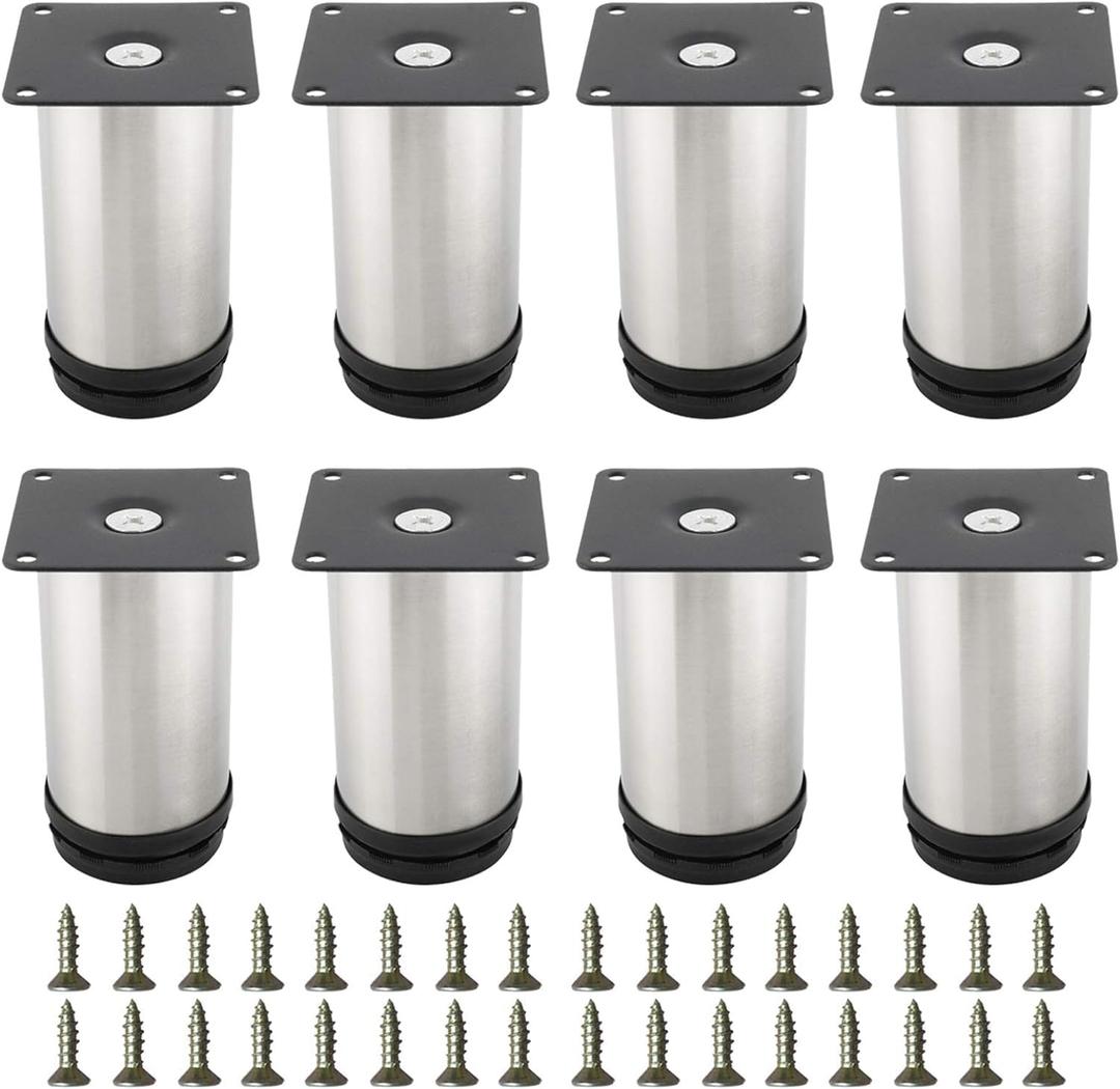 DasMarine 4" H x 2" Dia Stainless Steel Furniture Legs 8 Packs, Adjustable Metal Furniture Legs Round Kitchen Furniture Supporting Cabinet Table Feet for Sofa Couch Desk