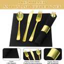 50 Pack Pre Rolled Gold Plastic Silverware Set,Wrapped Plastic Cutlery Set with Napkin Include 50 Forks,50 Spoons,50 Knives and 50 Black Napkins for Party, Wedding,Christmas