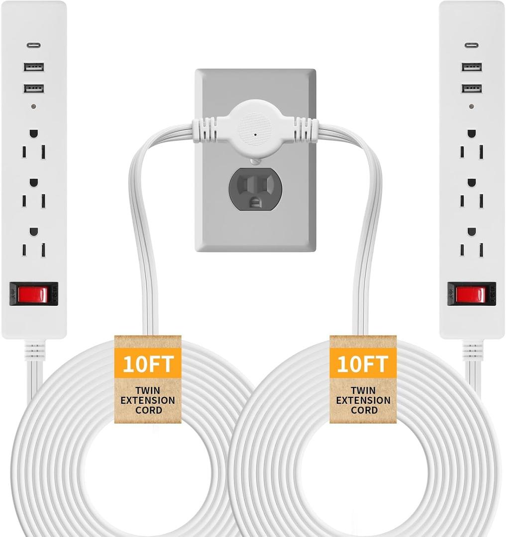 Twin Extension Cord - 20 FT Split Extension Cord, 6 Outlets and 6 USB Ports - Double Power Strip, 3 Prong and Flat Plug, for Behind Bed, Couch, Nightstands, Vanity, Furniture