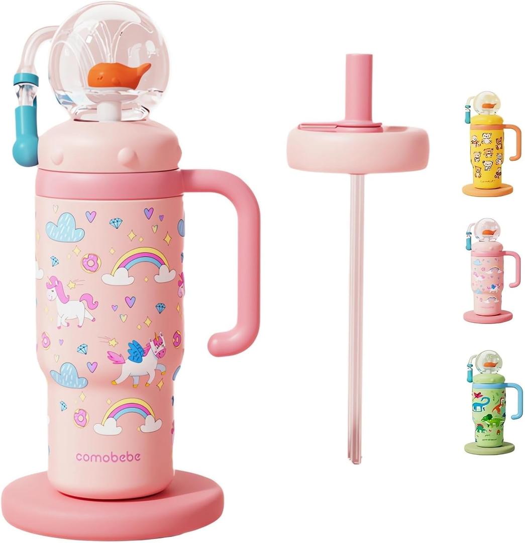 Stainless Steel Whale Fountain Tumbler with Handle, Drinking Cup with Whale Squirt, 24oz Whale Water Bottle Two Silicone Soft Tip, Leak-Proof Whale Fountain Tumbler for Kids Teens Adults (A-Pink)