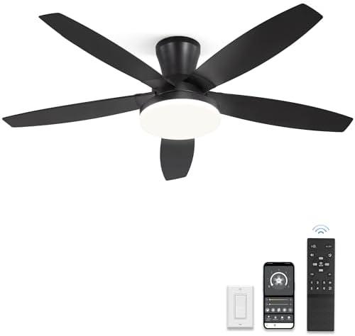 ZMISHIBO 48 inch Ceiling Fans with Lights and Remote/APP Control,Black Low Profile Ceiling Fan with Light,Quiet DC Motor,LED Dimmable, Modern Flush Mount Ceiling Fan for Bedroom Indoor/Outdoor Patio